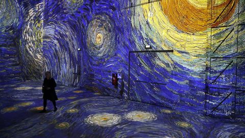 the van gogh, starry night exhibit at the atelier des lumieres on february 21, 2019 in paris, france