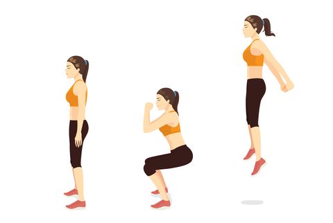 exercise guide by woman doing squat jump in 3 steps in side view for strengthens entire lower body illustration about workout