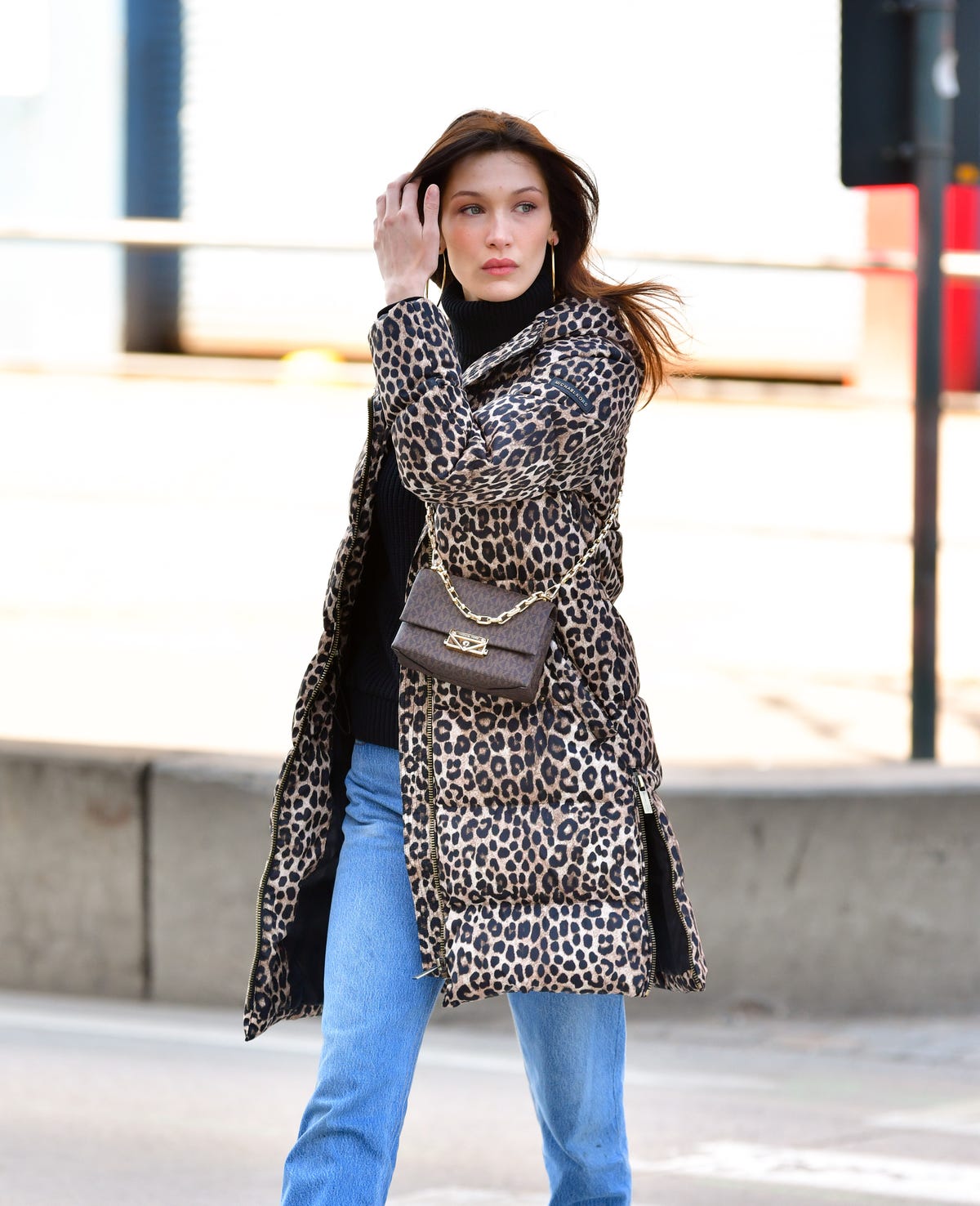 Bella Hadid Looks Adorably Normal In Leopard Print Puffer Jacket And Cross  Body