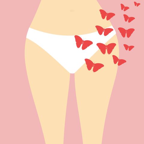 Fragment of female's body in underwear and red flying butterflies. Abstract illustration of woman's period or menopause