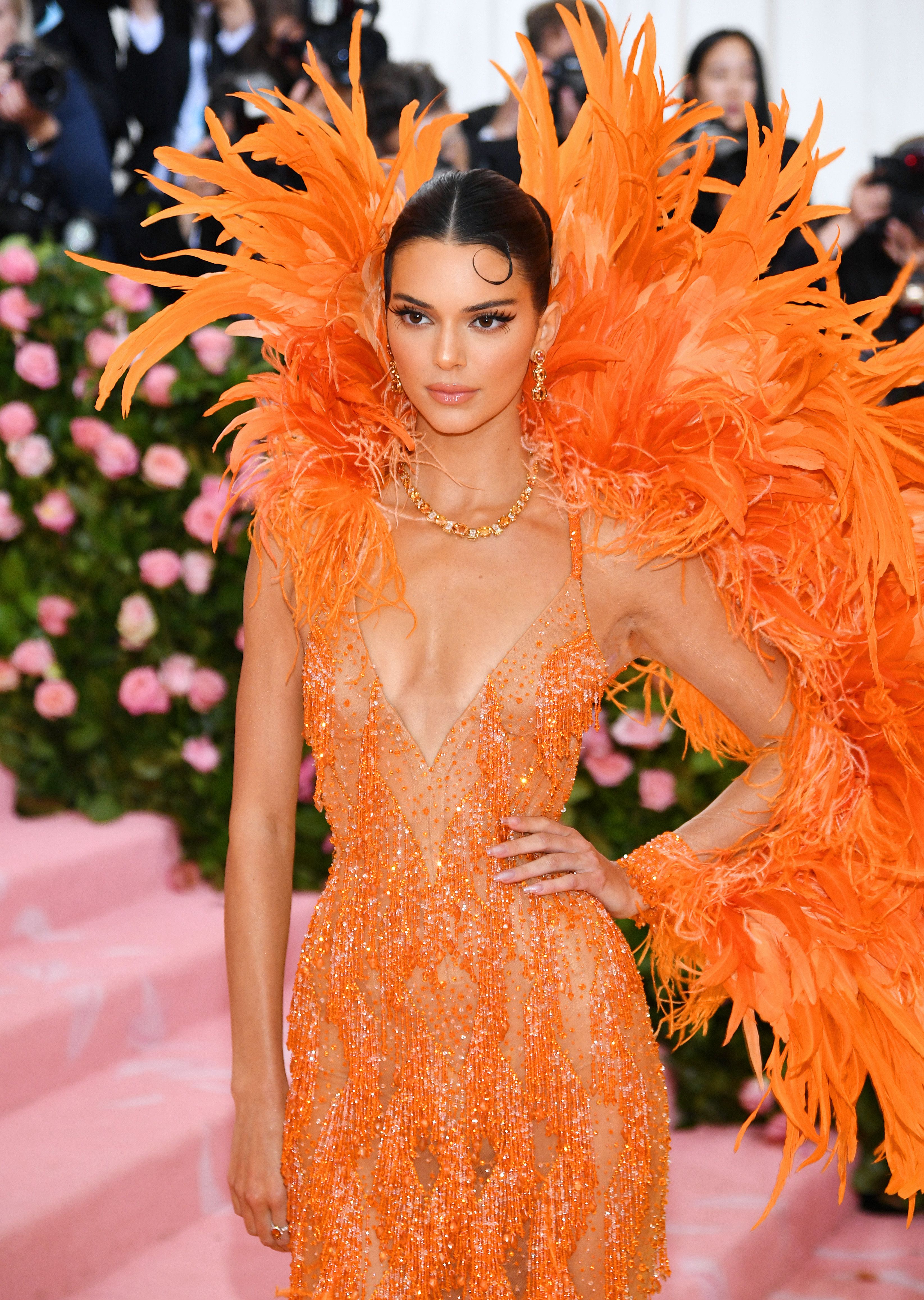 Kendall Jenner Wears Orange Feathered Dress To Met Gala 2019