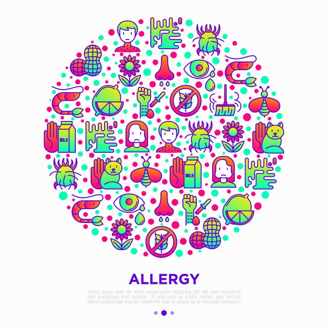 Allergy concept in circle with thin line icons: runny nose, dust, streaming eyes, lactose intolerance, citrus, dust mite, allergy test, edema. Modern vector illustration, print media template.