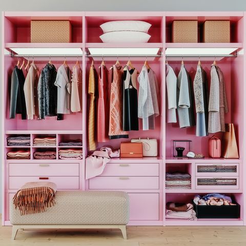 modern pink wardrobe with clothes hanging on rail in walk in closet design interior, 3d rendering