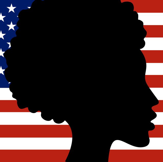 silhouette of african american girl head with national flag of united states of america on the background freedom, patriotism and equality concept vector eps10 illustration