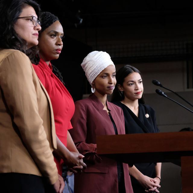 washington, dc   july 15 us rep rashida tlaib d mi, rep ayanna pressley d ma, rep ilhan omar d mn, and rep alexandria ocasio cortez d ny pause between answering questions during a press conference at the us capitol on july 15, 2019 in washington, dc president donald trump stepped up his attacks on four progressive democratic congresswomen, saying if theyre not happy in the united states they can leave photo by alex wroblewskigetty images