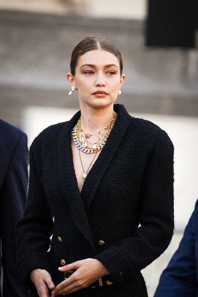 paris, france june 20 gigi hadid is seen, outside karl for ever tribute to karl lagerfeld at grand palais, during paris fashion week menswear springsummer 2020, on june 20, 2019 in paris, france photo by edward berthelotgetty images