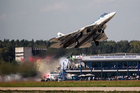 moscow region, russia  august 30, 2019 a fifth generation sukhoi su 57 jet fighter performs a flight at the maks 2019 international aviation and space salon, in the town of zhukovsky sergei bobylevtass photo by sergei bobylevtass via getty images
