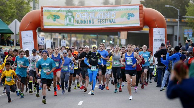 thousands of runners take off from the starting line during the 5k portion of the eighth annual oakland running festival on sunday, april 2, 2017, in oakland, california  over four thousand runners took part in the event which included a full and half marathon, a 5k race, and childrens fun run   aric crabbbay area news group photo by medianews groupbay area news via getty images