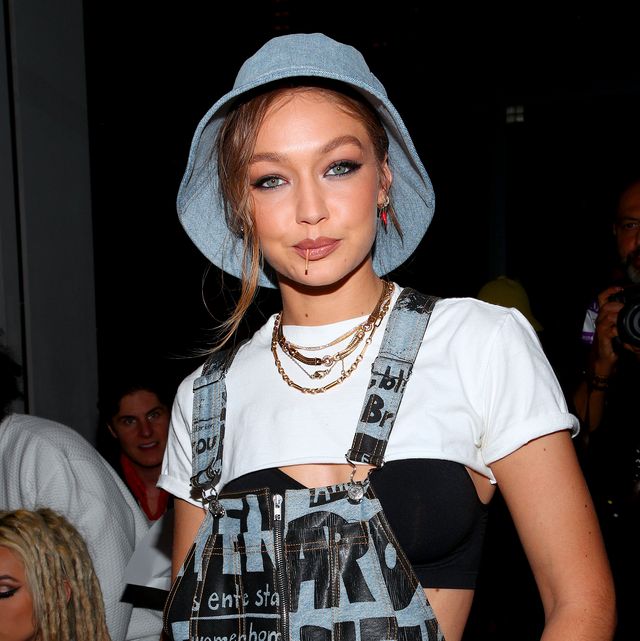 new york, new york   september 06 gigi hadid attends jeremy scott front row during new york fashion week wearing a bucket hat at spring studios on september 06, 2019 in new york city photo by astrid stawiarzgetty images for nyfw the shows