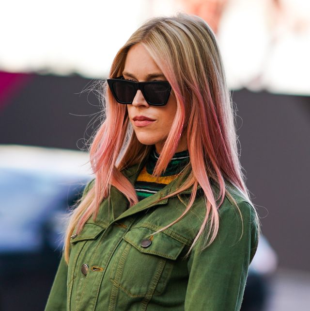 london, england   september 14 a guest wears a green denim jacket, sunglasses, a striped top, during london fashion week september 2019 on september 14, 2019 in london, england photo by edward berthelotgetty images