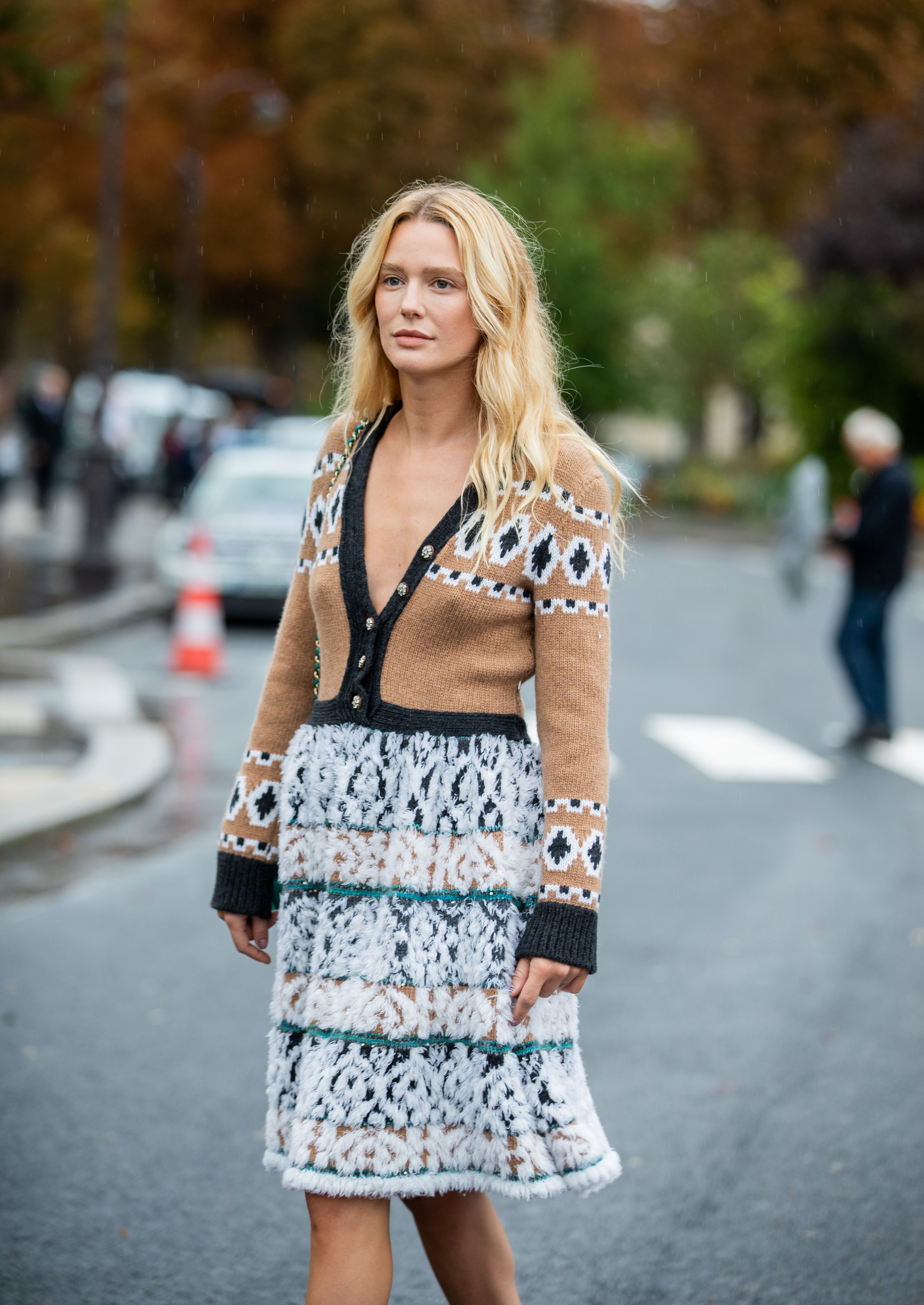paris, france   october 01 megan adelaide schaefer seen wearing skirt, brown cardigan outside chanel during paris fashion week womenswear spring summer 2020 on october 01, 2019 in paris, france photo by christian vieriggetty images