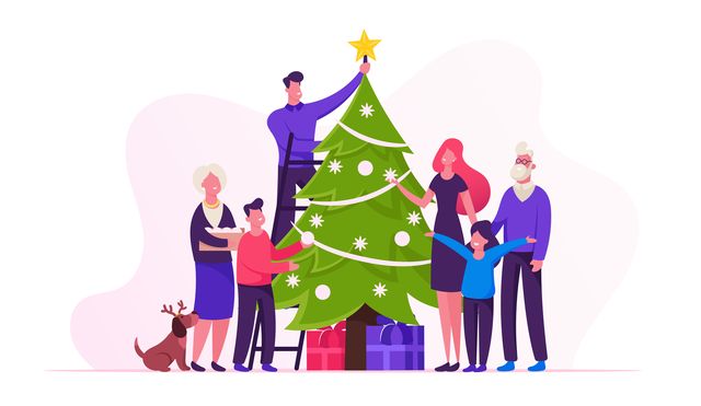 big happy family decorate christmas tree together prepare for winter holidays celebration hanging balls and star on top of spruce, people celebrating new year at home cartoon flat vector illustration