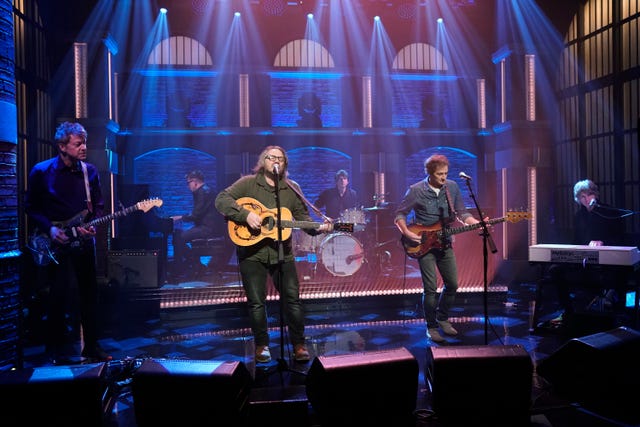 late night with seth meyers episode 907 pictured l r nels cline, mikael jorgensen, jeff tweedy, glenn kotche, john stirratt and pat sansone of musical guest wilco on november 4, 2019 photo by lloyd bishopnbcnbcu photo bank via getty images