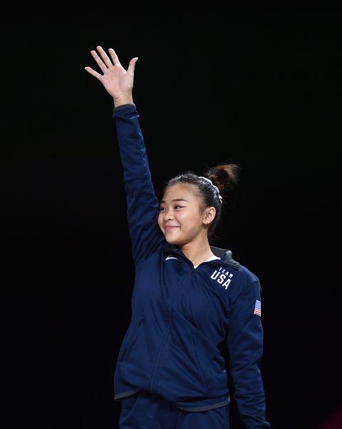 stuttgart, germany   october 12 bronze medalist sunisa lee of united states celebrates on the podium during the medal ceremony for womens uneven bars final in the apparatus finals during day 9 of 49th fig artistic gymnastics world championships at hanns martin schleyer halle on october 12, 2019 in stuttgart, germany photo by laurence griffithsgetty images