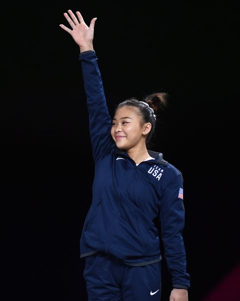 stuttgart, germany   october 12 bronze medalist sunisa lee of united states celebrates on the podium during the medal ceremony for womens uneven bars final in the apparatus finals during day 9 of 49th fig artistic gymnastics world championships at hanns martin schleyer halle on october 12, 2019 in stuttgart, germany photo by laurence griffithsgetty images