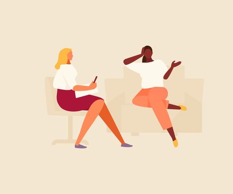 mujer joven hablando con un psicólogo asesoramiento psicológico y terapia vectorial ilustración plana
