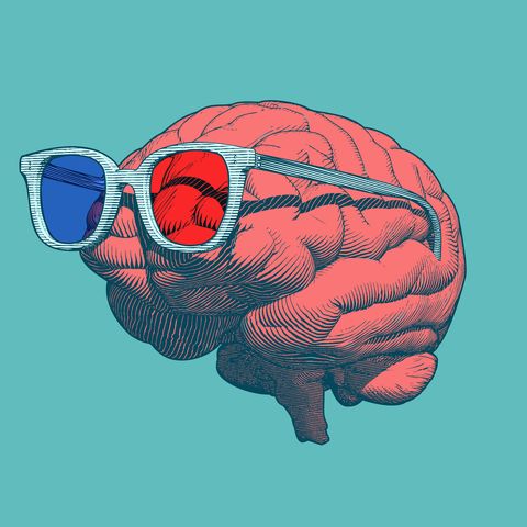 retro pop art orange engraving human brain with 3d glasses illustration in side view isolated on green background