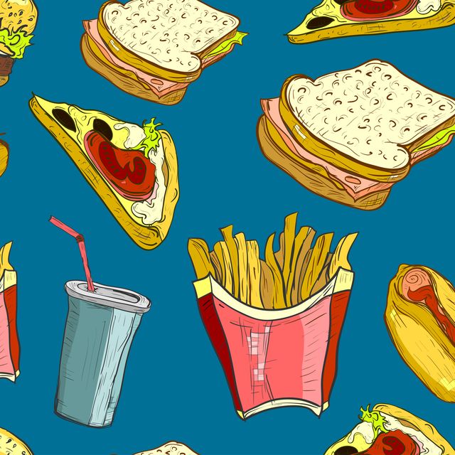 Hand drawn fast food pattern. Junk food and soda drinks background. Burger, pizza, hot dog, french fries and soda detailed illustrations. Great for restaurant menu or banner.Seamless wallpaper
