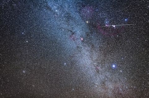 a single geminid meteor shoots through the sword of orion on the peak night of the geminid meteor shower, december 1314, 2017   at bottom is sirius and canis major gemini itself is at left, while cancer and the beehive star cluster are at lower left procyon and canis minor is at lower centre