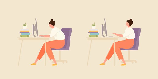 sitting girl with correct and incorrect posture office and workplace hygiene illustration