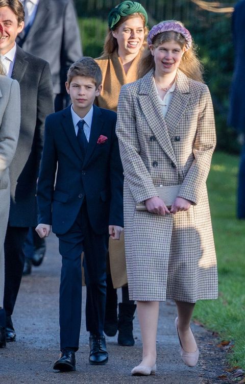 kings lynn, england   december 25 james viscount severn and lady louise windsor  attend the christmas day church service at church of st mary magdalene on the sandringham estate on december 25, 2019 in kings lynn, united kingdom photo by poolsamir husseinwireimage