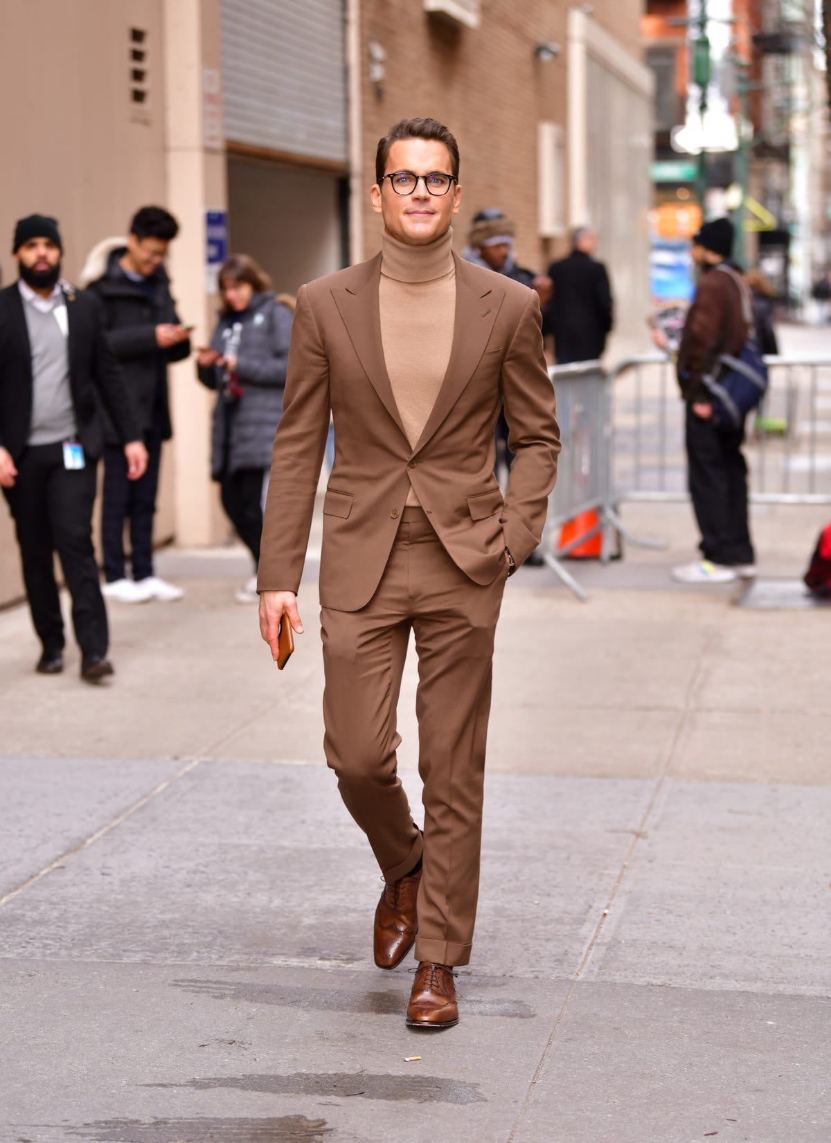 Matt Bomer Wears a Brown Suit and Tan Turtleneck Outside 'Jimmy Kimmel ...