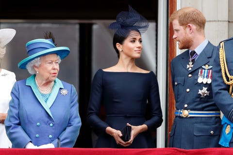 london, united kingdom july 10 embargoed for publication in uk newspapers until 24 hours after create date and time queen elizabeth ii, meghan, duchess of sussex and prince harry, duke of sussex watch a flypast to mark the centenary of the royal air force from the balcony of buckingham palace on july 10, 2018 in london, england the 100th birthday of the raf, which was founded on on 1 april 1918, was marked with a centenary parade with the presentation of a new queens colour and flypast of 100 aircraft over buckingham palace photo by max mumbyindigogetty images