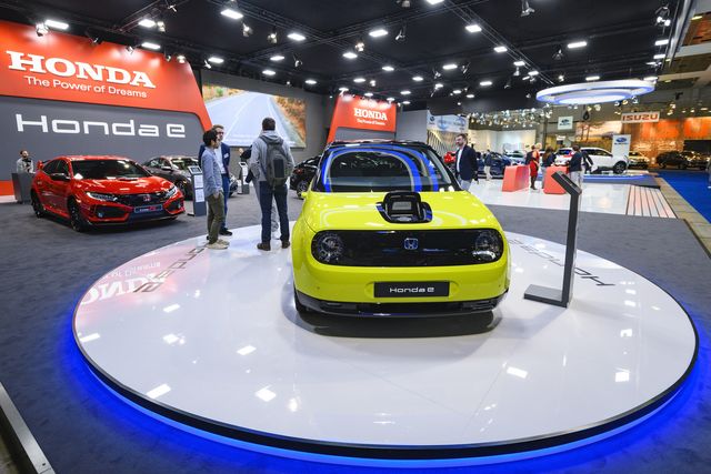 brussels, belgium   january 9 honda e all electric compact car on display the honda motor show stand at brussels expo on january 9, 2020 in brussels, belgium the honda e is based on the urban ev concept and features an electric motor at the rear, offering a power output of either 100 or 113 kw photo by sjoerd van der walgetty images