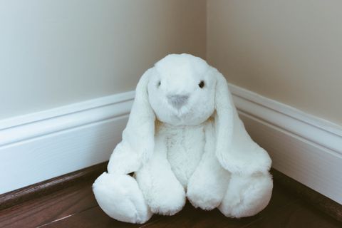 stuffed bunny sits in corner on floor