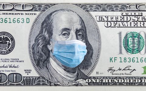 coronavirus wuhan us quarantine, 100 dollar banknote with medical mask the concept of epidemic and protection against coronavrius