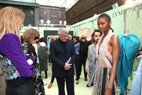 paris, france   february 27 louis vuittons executive vice president delphine arnault, anna wintour, chief executive officer of lvmh fashion group sidney toledano, designer of area, piotrek pansczczyk and a model attend the lvmh prize 2020   designers presentation on february 27, 2020 in paris, france photo by bertrand rindoff petroffgetty images for lvmh