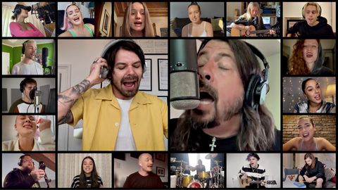 london, england   april 23 in this screengrab, rita ora, anne marie, sigrid, mabel, ellie goulding, luke hemmings, dan smith, simon neil of biffy clyro, dave grohl, jess glynne, sam fender, grace carter, zara larsson, dua lipa, ragnbone man, hailee steinfeld, ben johnston of biffy clyro, taylor hawkins, yungblud, and chris wood of bastille take part in the bbc children in need and comic relief big night in at london on april 23, 2020 in london, england the big night in brings the nation an evening of unforgettable entertainment in a way weve never seen before raising money for and paying tribute to those on the front line fighting covid 19 and all the unsung heroes supporting their communities photo by comic reliefbbc children in needcomic relief via getty images