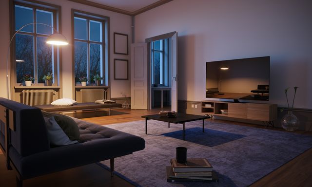 scandinavian style and minimalist designed living room interior scene in the evening  3d render