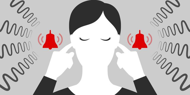 woman with closed eyes is plugging her ears with fingers when suffering from tinnitus red bells as symbol of unbearable ringing in ears concept of diseases of hearing organs or neurology problems