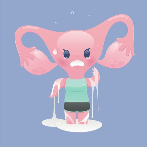uterus cartoon in green shirt crying because of leucorrhoea the weakness of the physique vector flat character illustration design