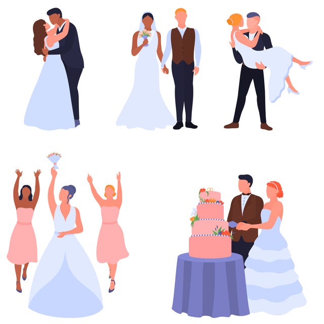 cartoon wedding set with groom and bride in various poses collection of happy wedding couples characters bridal ceremony marriage celebration isolated on white just married vector illustration