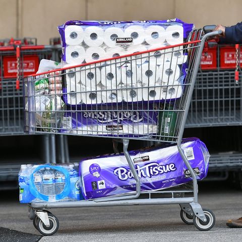 people leave a costco outlet with a trolley full of toilet paper and cleaning products as fears of a second wave of covid 19 have sparked a rush on some supermarket items in melbourne on june 24, 2020   major supermarkets in the state of victoria have reimposed buying limits on toilet paper and other essentials after a renewed escalation in demand sparked fears of a return to scenes of panic buying seen early in the pandemic photo by william west  afp photo by william westafp via getty images