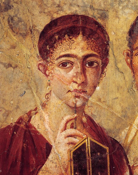 Portrait of baker Terentius Neo and his wife in formal clothes, detail of the wife with her stylus and diptych open from Italy, Campania, Pompeii, 55-79 A.D., painting on plaster