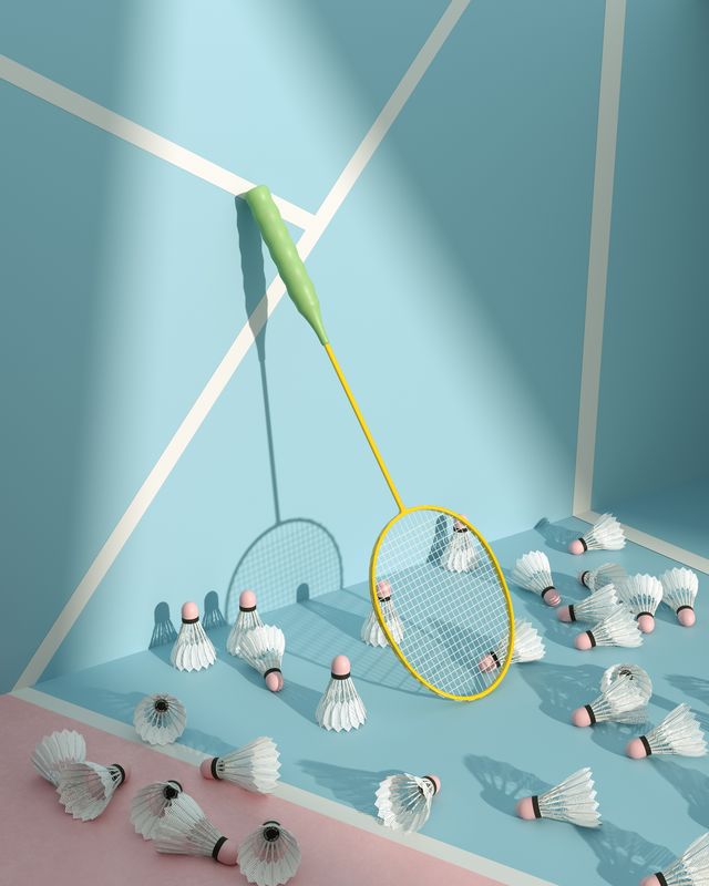 digital generated image of shuttlecocks and badminton racket spotlighted while leaning on multi colored tennis court