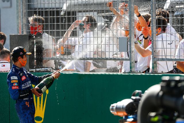 mclarens british driver lando norris celebrates with his team after the austrian formula one grand prix race on july 5, 2020 in spielberg, austria photo by leonhard foeger  pool  afp photo by leonhard foegerpoolafp via getty images