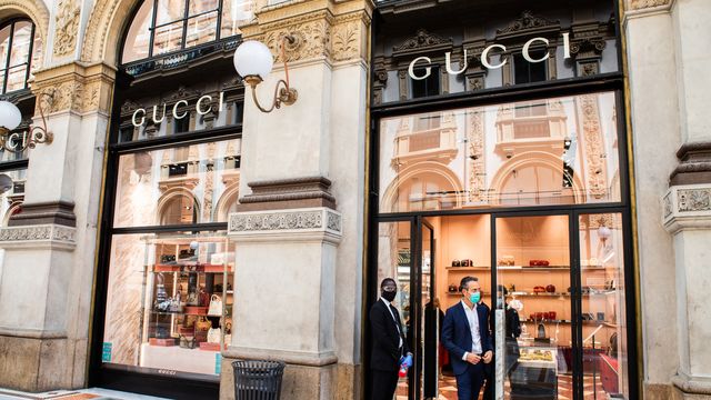 milan, italy   may 18 view of entrance of gucci shop in galleria vittorio emanuele on the first day of reopening after the lockdown on may 18, 2020 in milan, italy restaurants, bars, cafes, hairdressers and other shops have reopened, subject to social distancing measures, after more than two months of a nationwide lockdown meant to curb the spread of covid 19 photo by roberto finiziogetty images