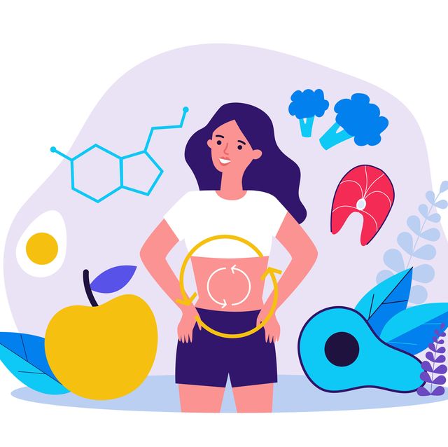 metabolism of human organism flat vector illustration cartoon young woman eating diet food for energy digestion, metabolic system and hormones concept