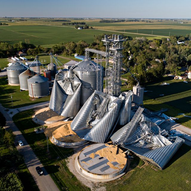 luther, ia   august 11 in this aerial image from a drone, damaged grain bins are shown at the heartland co op grain elevator on august 11, 2020 in luther, iowa iowa gov kim reynolds said early estimates indicate 10 million acres, nearly a 13 of the states land used for crops, were damaged when a powerful storm battered the region a day earlier photo by daniel ackergetty images