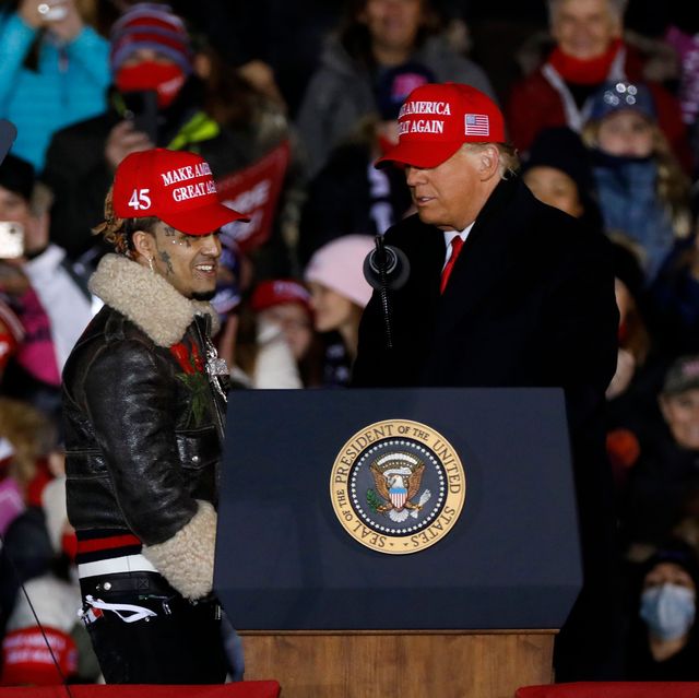 us president donald trump invites rapper lil pump on stage during his final make america great again rally of the 2020 us presidential campaign at gerald r ford international airport on november 2, 2020, in grand rapids, michigan photo by jeff kowalsky  afp photo by jeff kowalskyafp via getty images