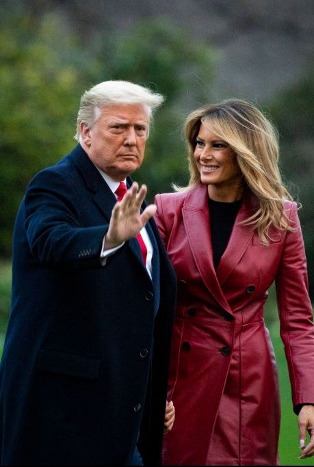 washington, dc   december 05  us president donald trump waves as he walks with first lady melania trump as they depart on the south lawn of the white house, on december 5, 2020 in washington, dc trump is traveling to georgia to hold a rally photo by al dragogetty images