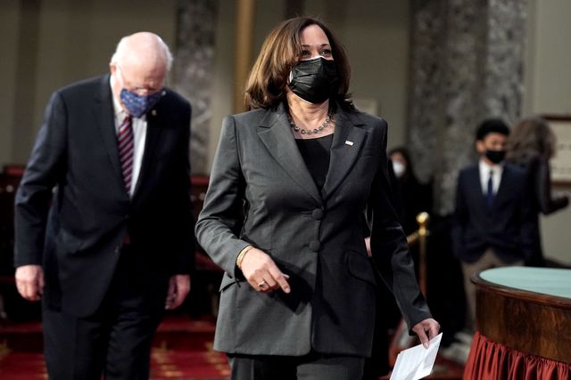washington, dc   february 4  vice president kamala harris is seen during ceremonial swearing in photo ops with sens patrick leahy d vt and alex padilla d ca in the old senate chamber at the us capitol on february 4, 2021 in washington, dc photo by greg nash poolgetty images