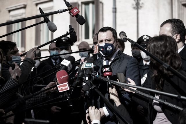 rome, italy   february 6 matteo salvini leader of lega political party speaks to media following a meeting with the designated prime minister mario draghi on formation of a new government at the chamber of deputies montecitorio palace, on february 6, 2021 in rome, italy designated prime minister mario draghi has formally accepted the mandate to form a new government following the resignation of giuseppe conte photo antonio masiellogetty images