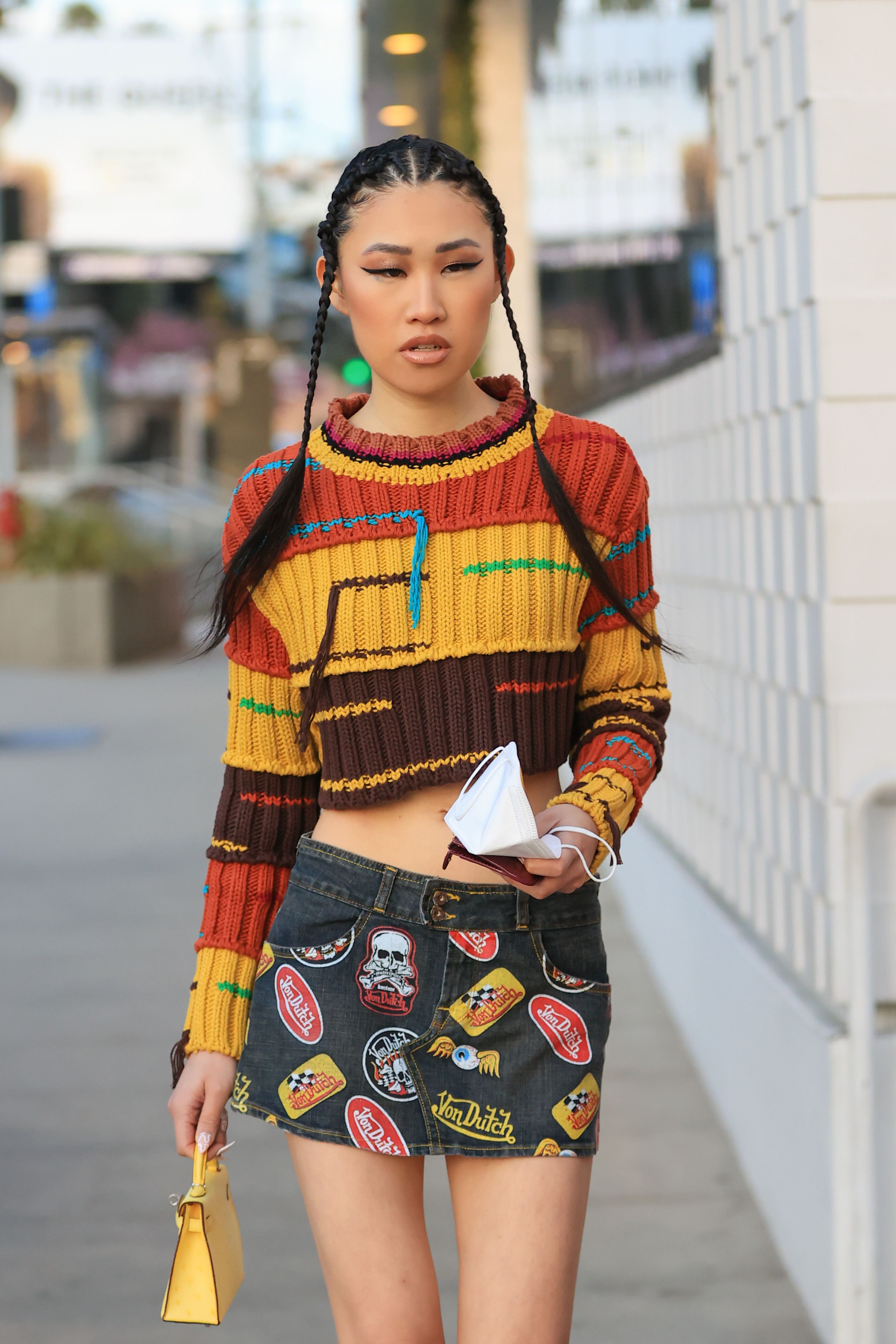 denim mini skirt street style