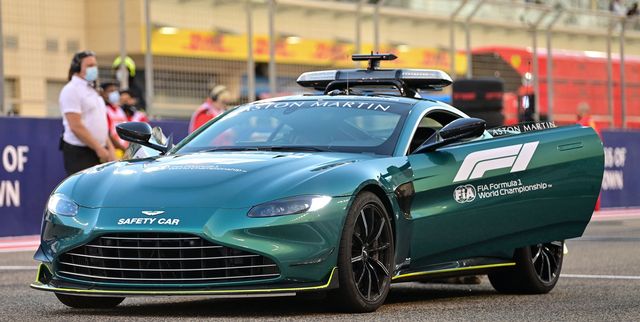 an aston martin vantage, the official safety car for the 2021 f1 season sits on the grid head of the bahrain formula one grand prix at the bahrain international circuit in the city of sakhir on march 28, 2021 photo by andrej isakovic  various sources  afp photo by andrej isakovicafp via getty images
