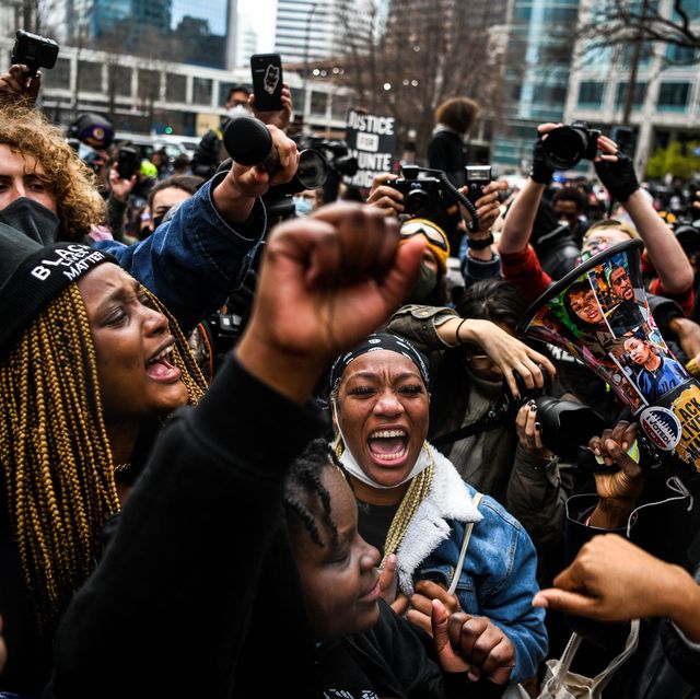 people celebrate as the verdict is announced in the trial of former police officer derek chauvin outside the hennepin county government center in minneapolis, minnesota on april 20, 2021   sacked police officer derek chauvin was convicted of murder and manslaughter on april 20 in the death of african american george floyd in a case that roiled the united states for almost a year, laying bare deep racial divisions photo by chandan khanna  afp photo by chandan khannaafp via getty images